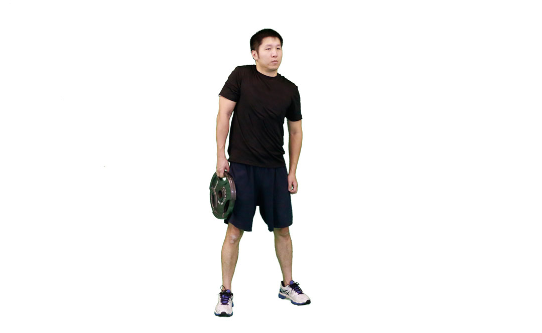 Weight Plate One-Arm Shrug — demonstration 2